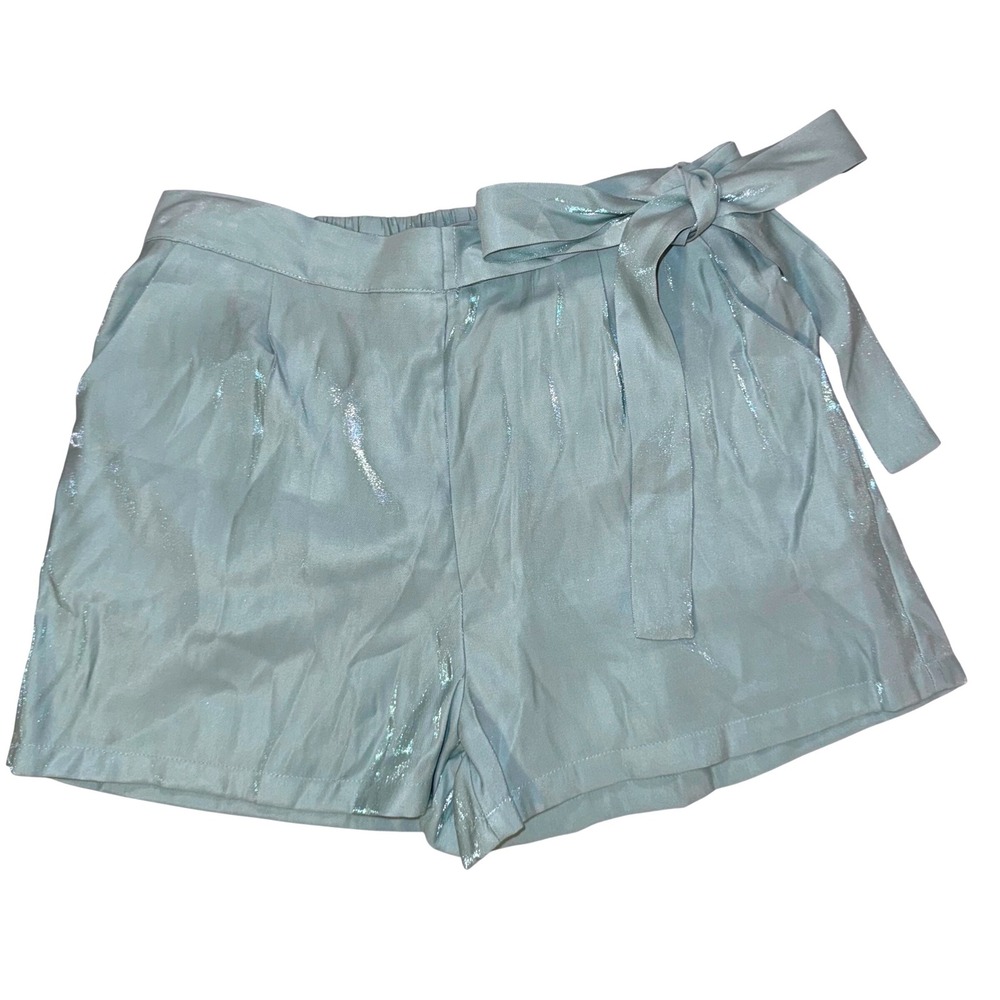 Molly Bracken Light Blue Metallic‎ High Waisted Tie Belt Shorts Women's Large